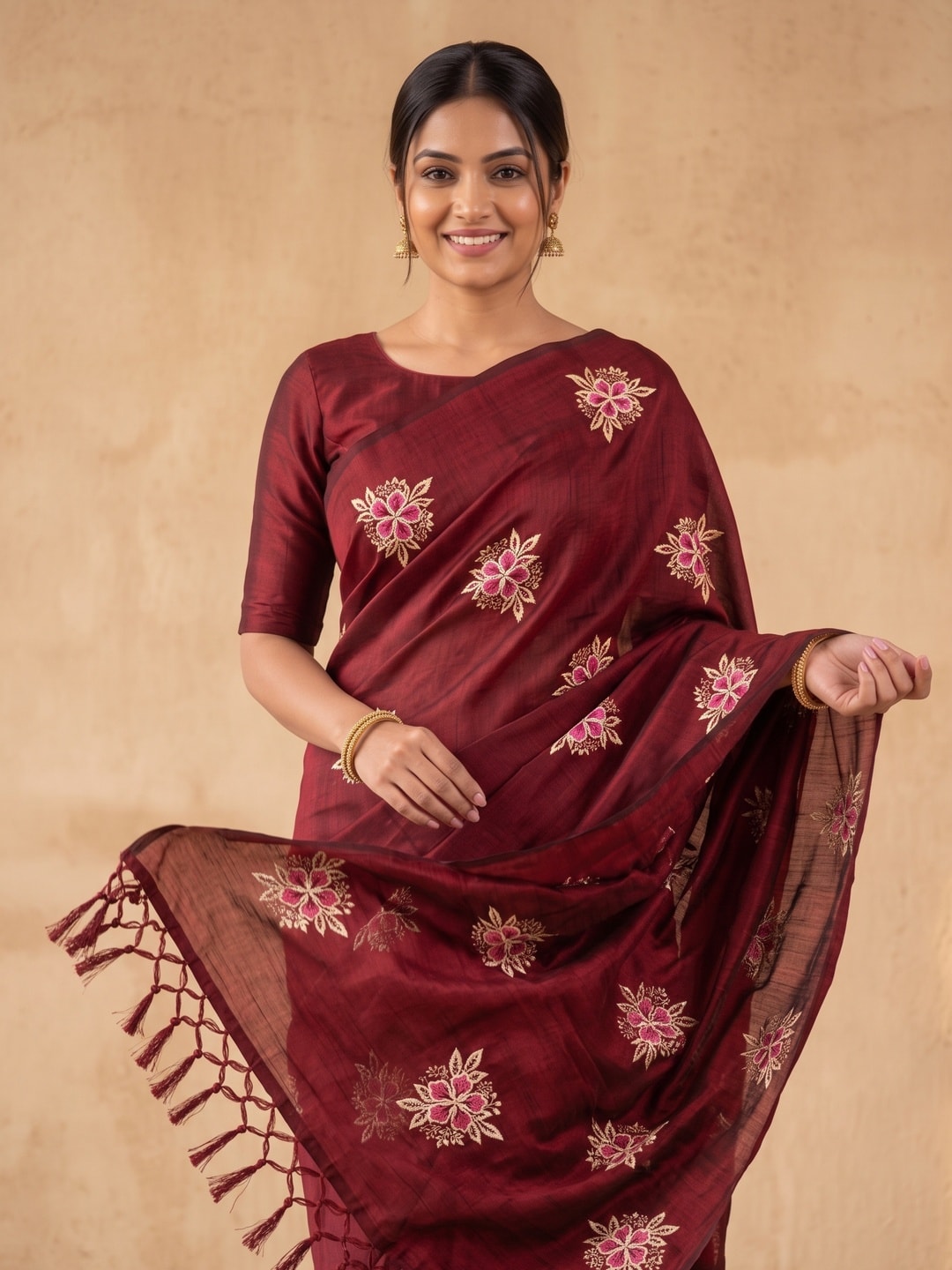 Peachmode Maroon Floral Embroidered Vichitra Silk Saree - Image 3