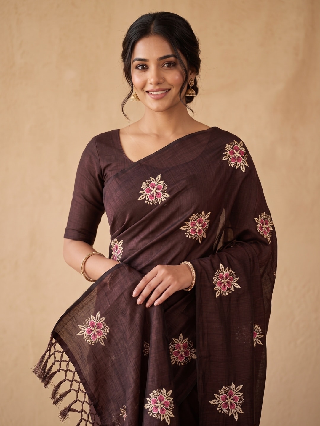 Peachmode Brown Floral Embroidered Vichitra Silk Saree - Image 3