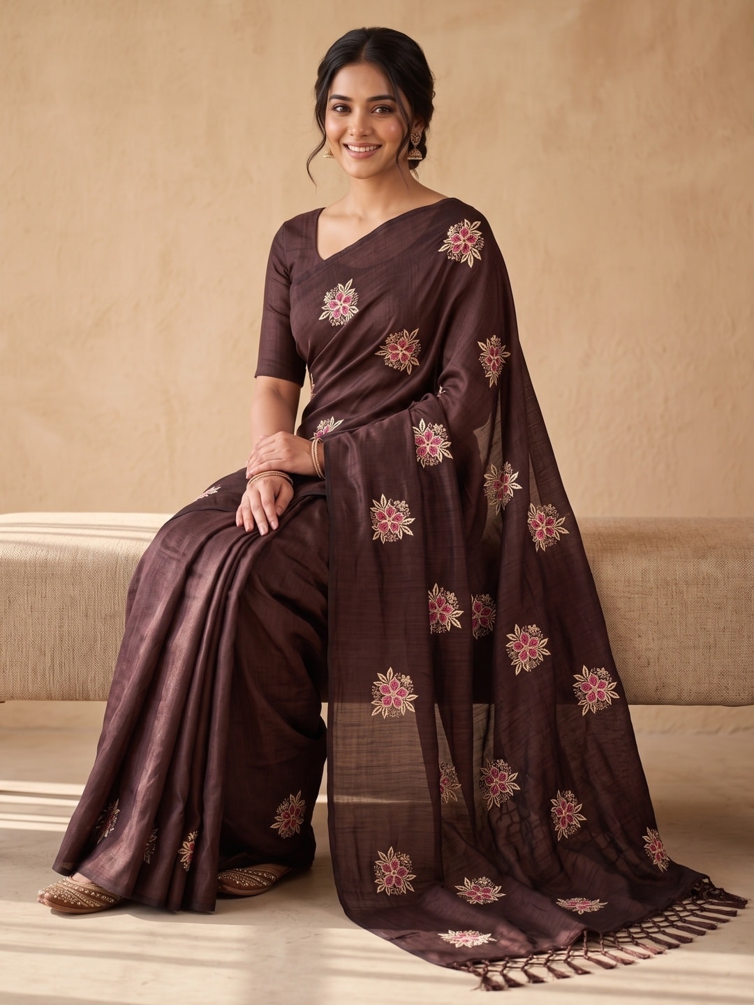Peachmode Brown Floral Embroidered Vichitra Silk Saree - Image 5