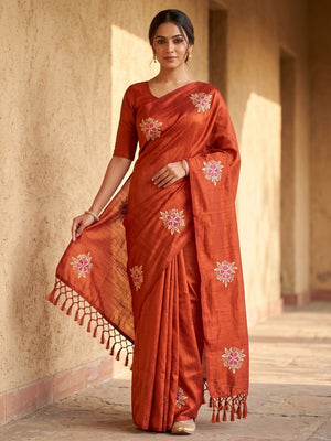 Peachmode Orange Floral Embroidered Vichitra Silk Saree - Image 1