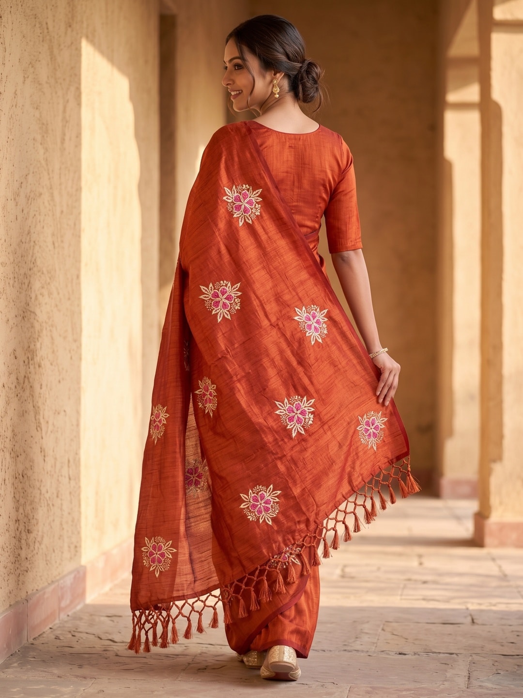 Peachmode Orange Floral Embroidered Vichitra Silk Saree - Image 4