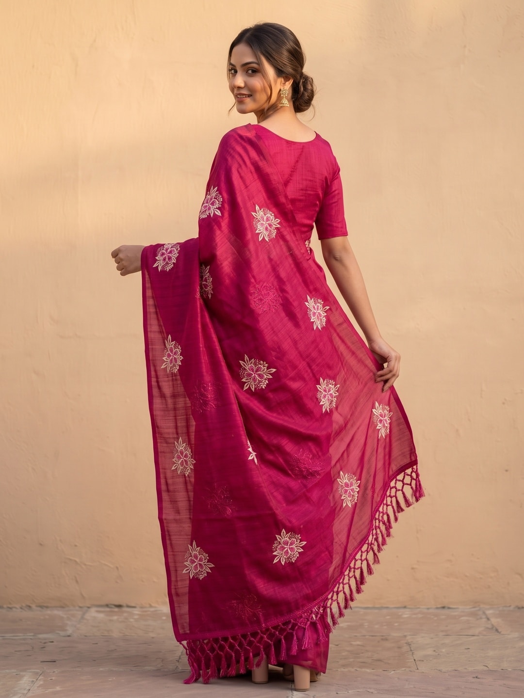 Peachmode Pink Floral Embroidered Vichitra Silk Saree - Image 4