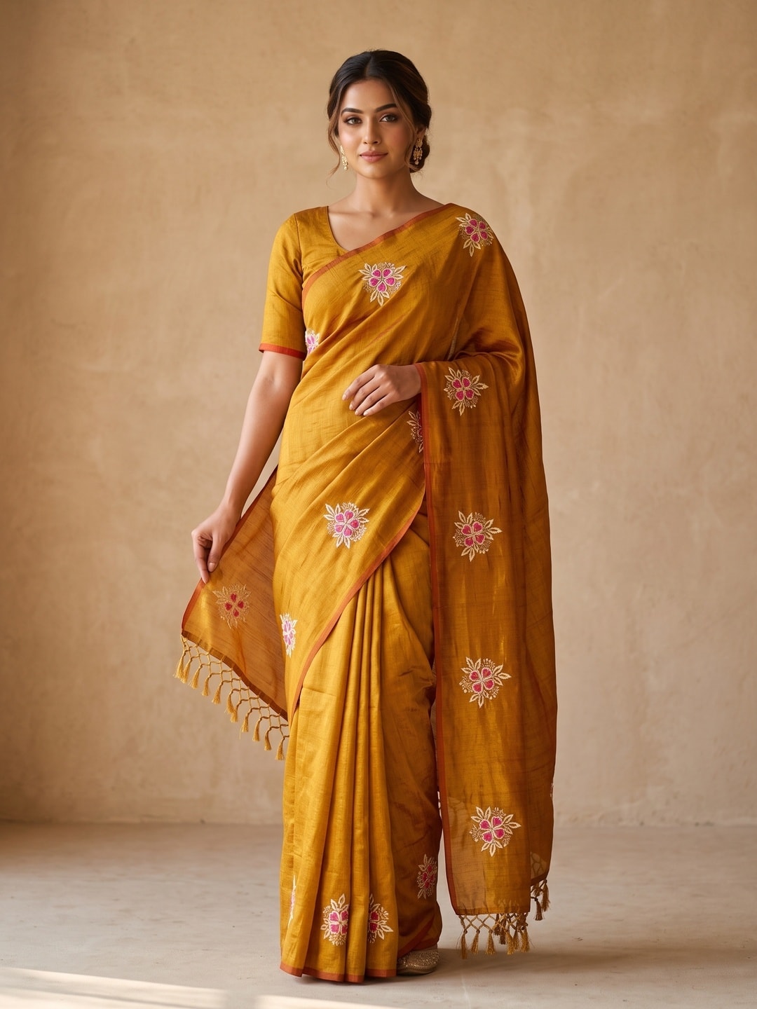 Peachmode Mustard Floral Embroidered Vichitra Silk Saree - Image 1