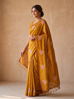 Peachmode Mustard Floral Embroidered Vichitra Silk Saree - Image 2