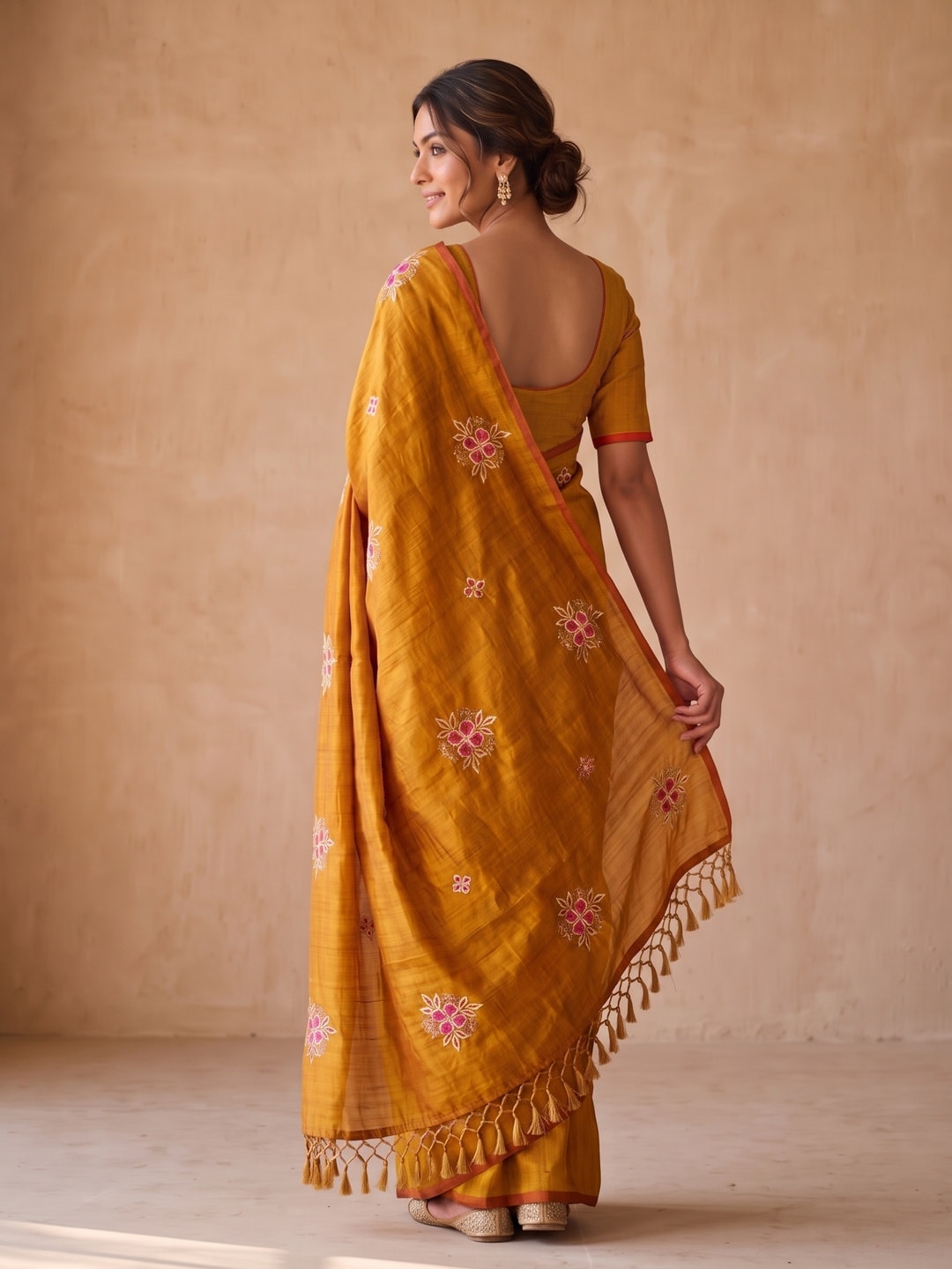 Peachmode Mustard Floral Embroidered Vichitra Silk Saree - Image 4