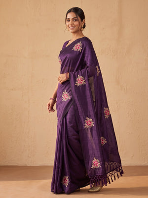 Peachmode Violet Floral Embroidered Vichitra Silk Saree - Image 2