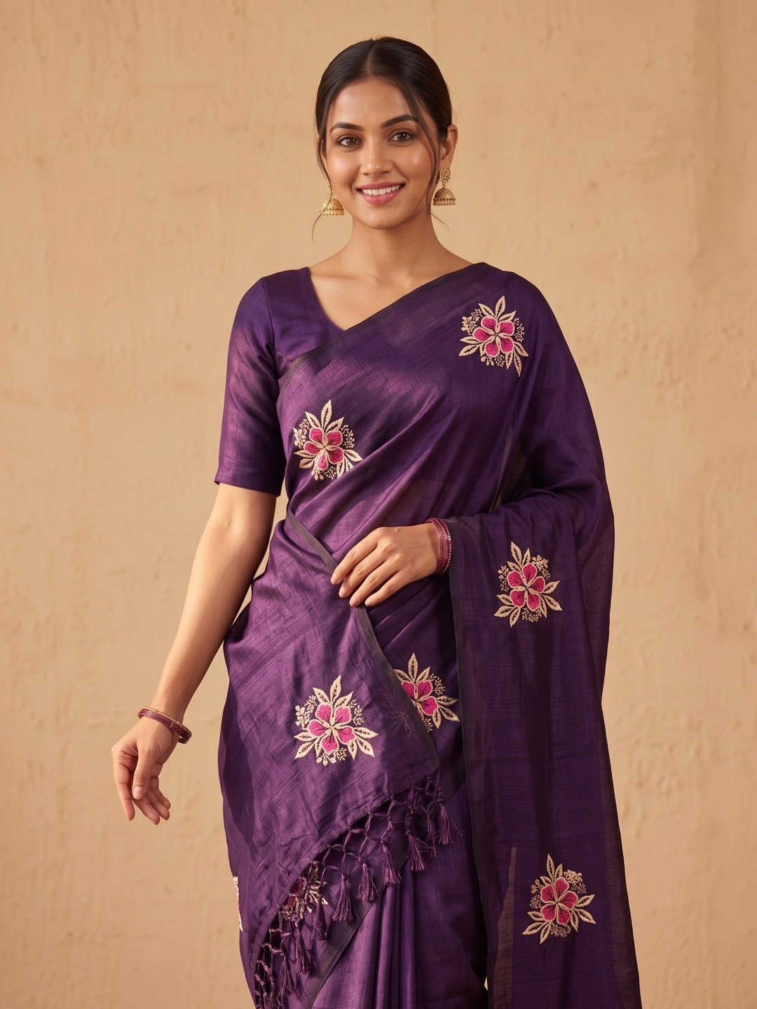 Peachmode Violet Floral Embroidered Vichitra Silk Saree - Image 3