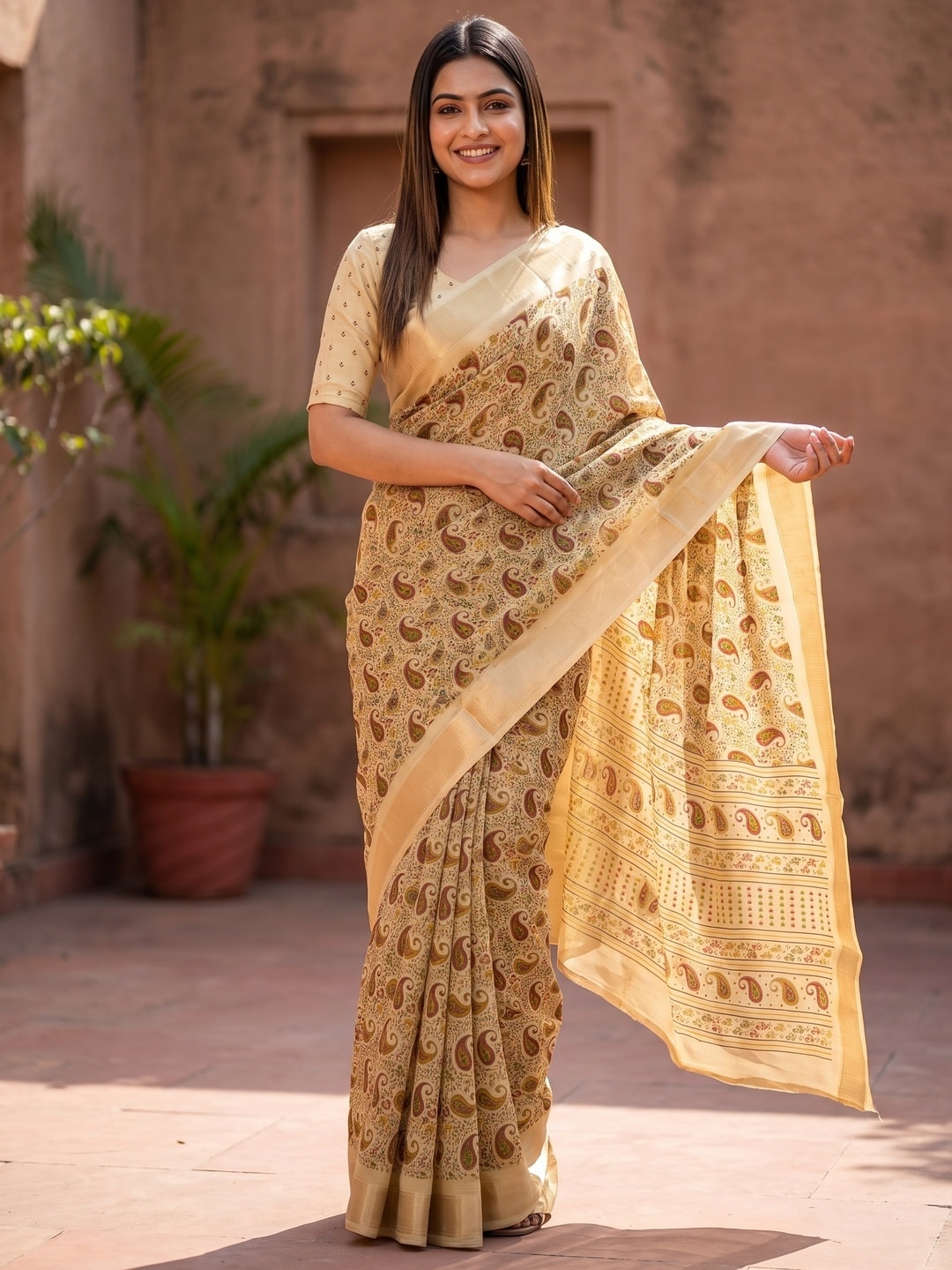 Peachmode Cream Paisley Moss Georgette Digital Printed Saree With Zari Border - Image 1