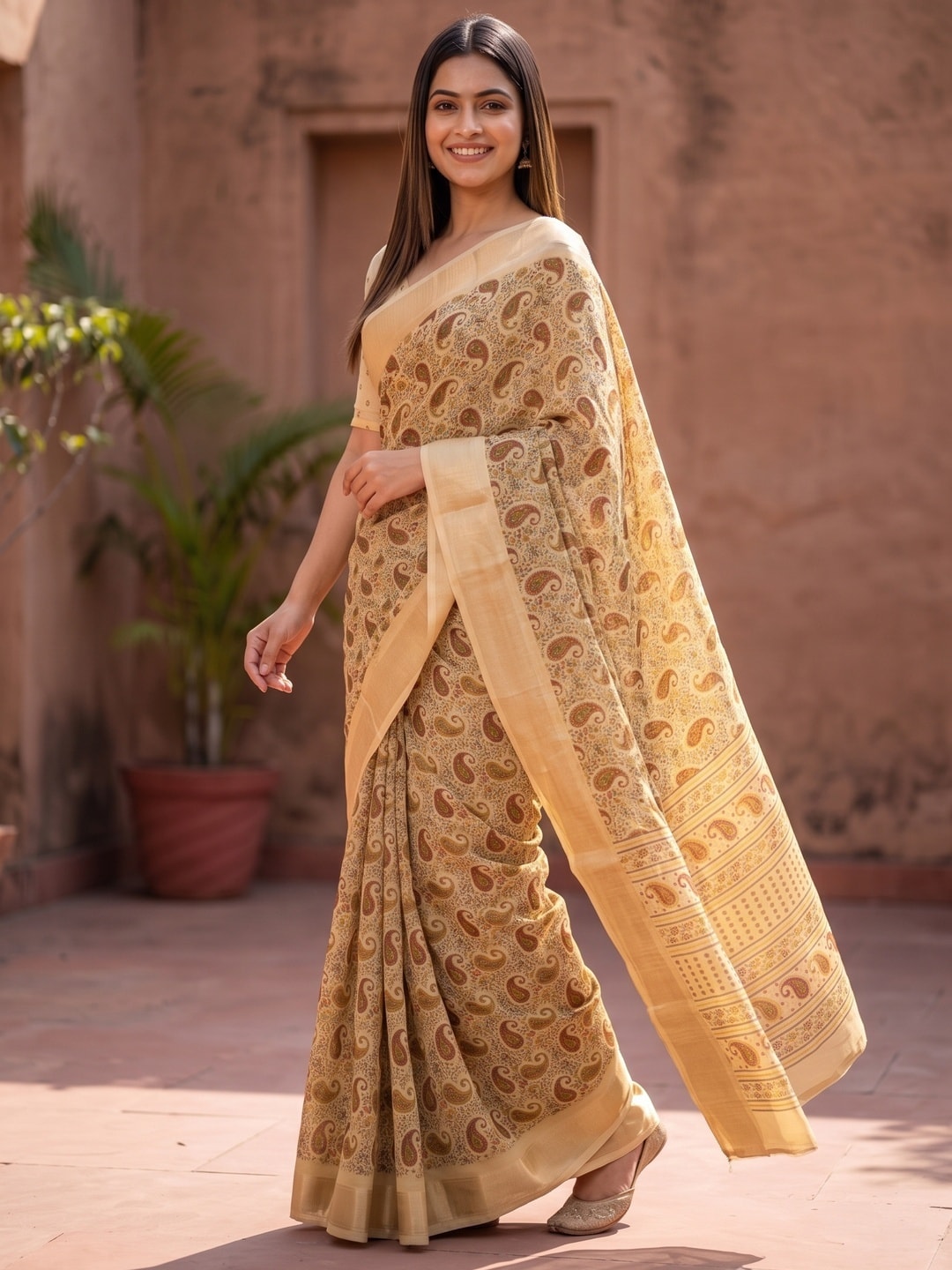 Peachmode Cream Paisley Moss Georgette Digital Printed Saree With Zari Border - Image 2