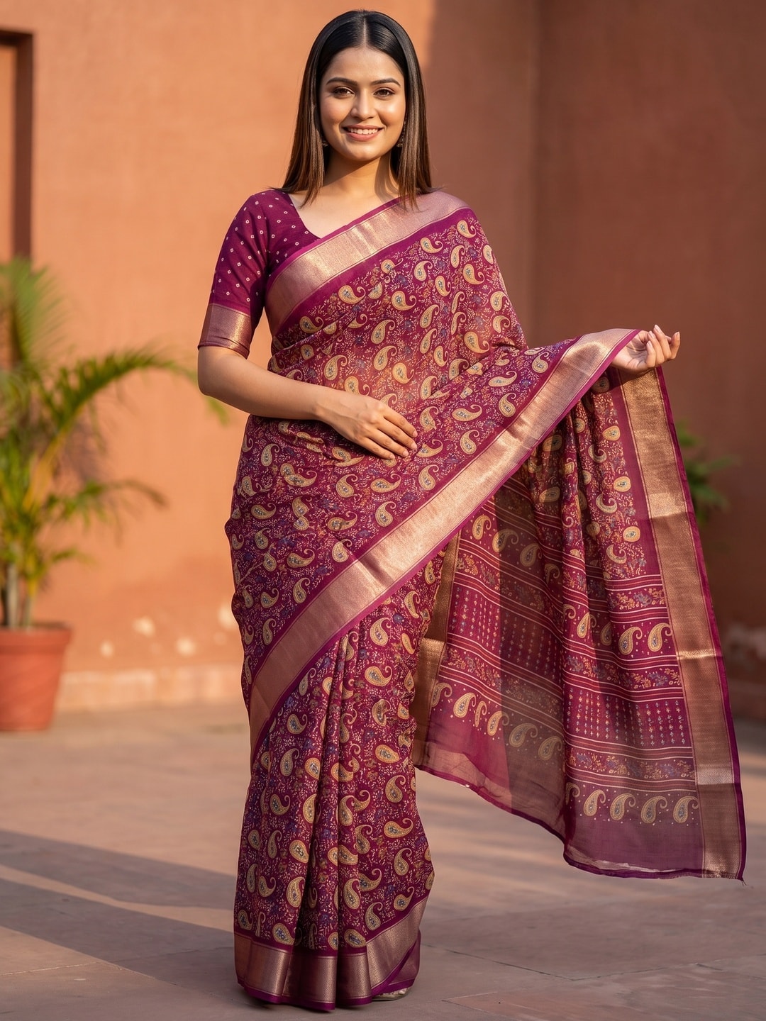 Peachmode Magenta Paisley Moss Georgette Digital Printed Saree With Zari Border - Image 1