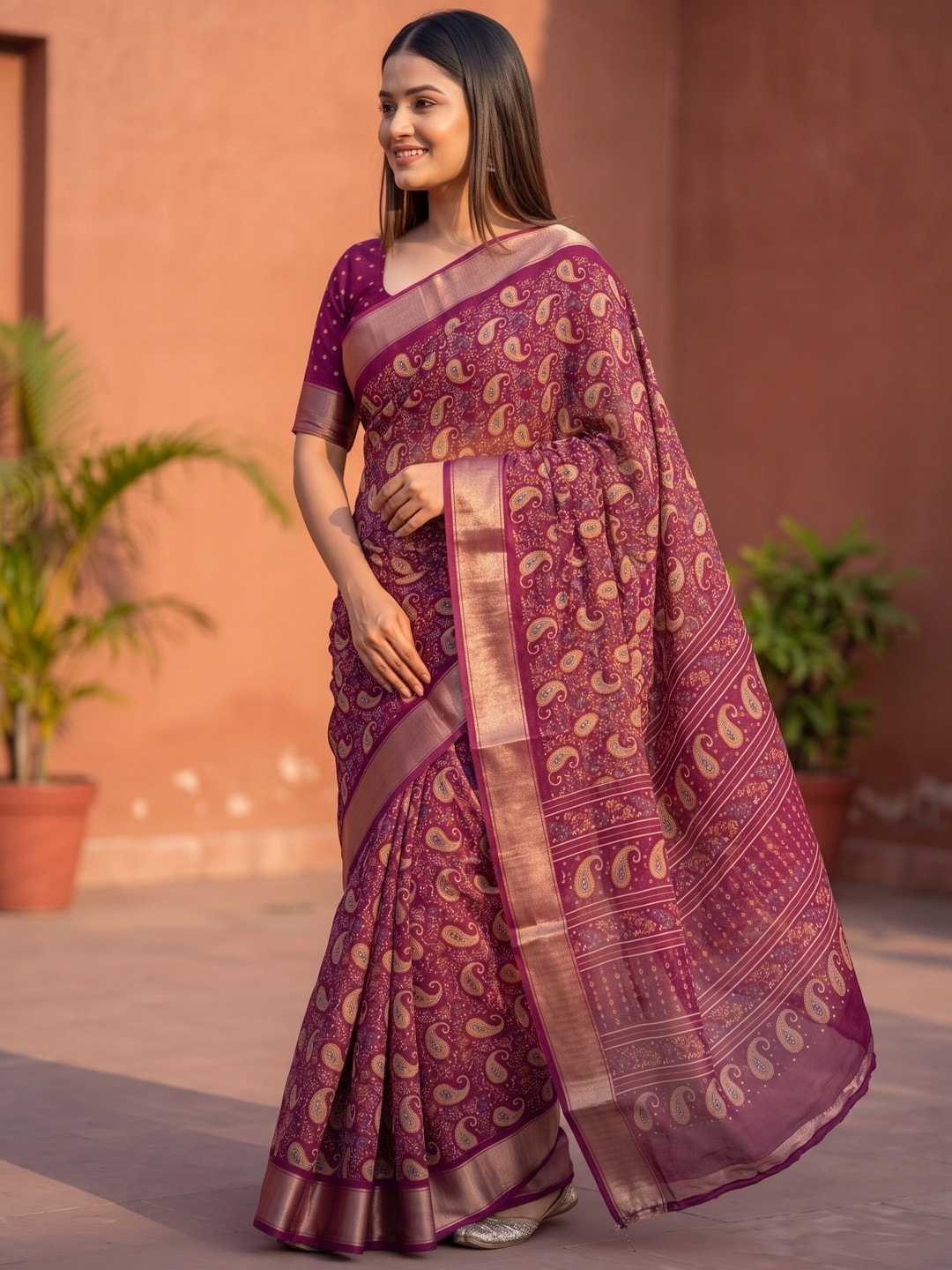Peachmode Magenta Paisley Moss Georgette Digital Printed Saree With Zari Border - Image 2