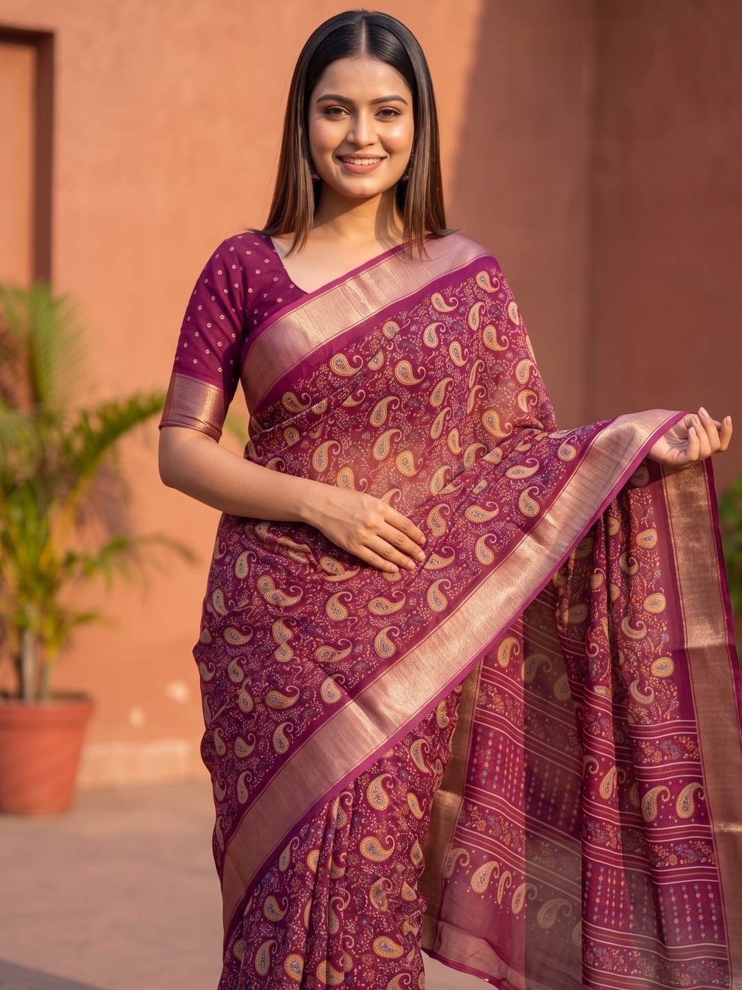 Peachmode Magenta Paisley Moss Georgette Digital Printed Saree With Zari Border - Image 3