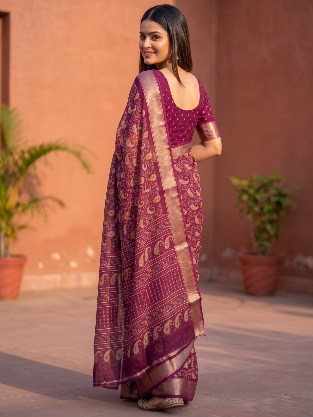 Peachmode Magenta Paisley Moss Georgette Digital Printed Saree With Zari Border - Image 4