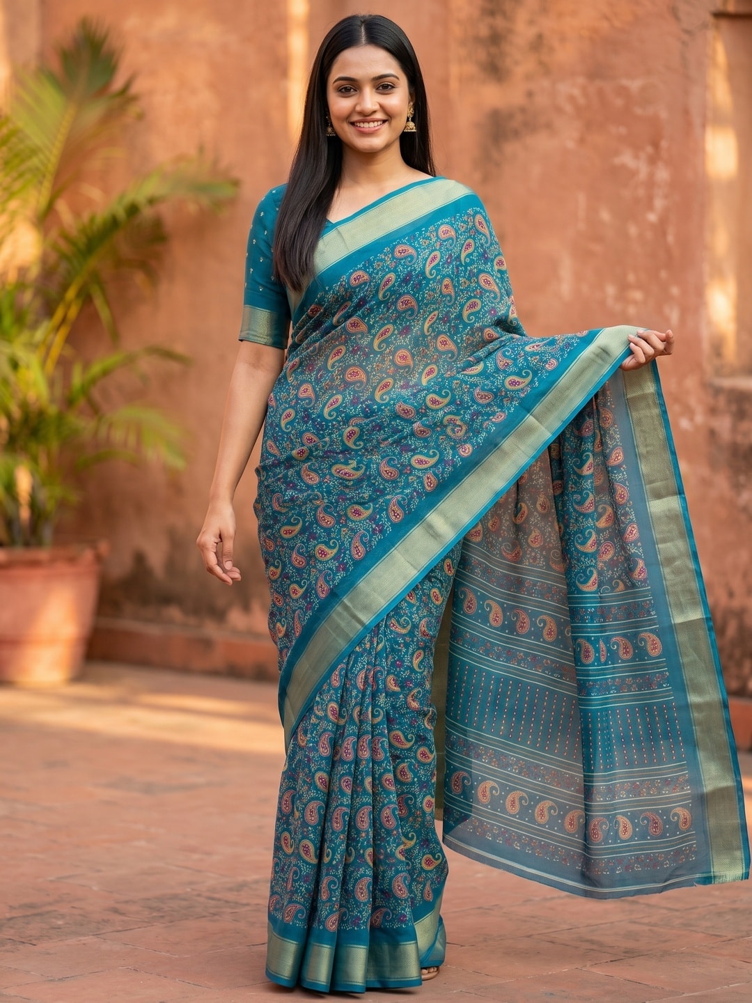 Peachmode Teal Paisley Moss Georgette Digital Printed Saree With Zari Border - Image 1