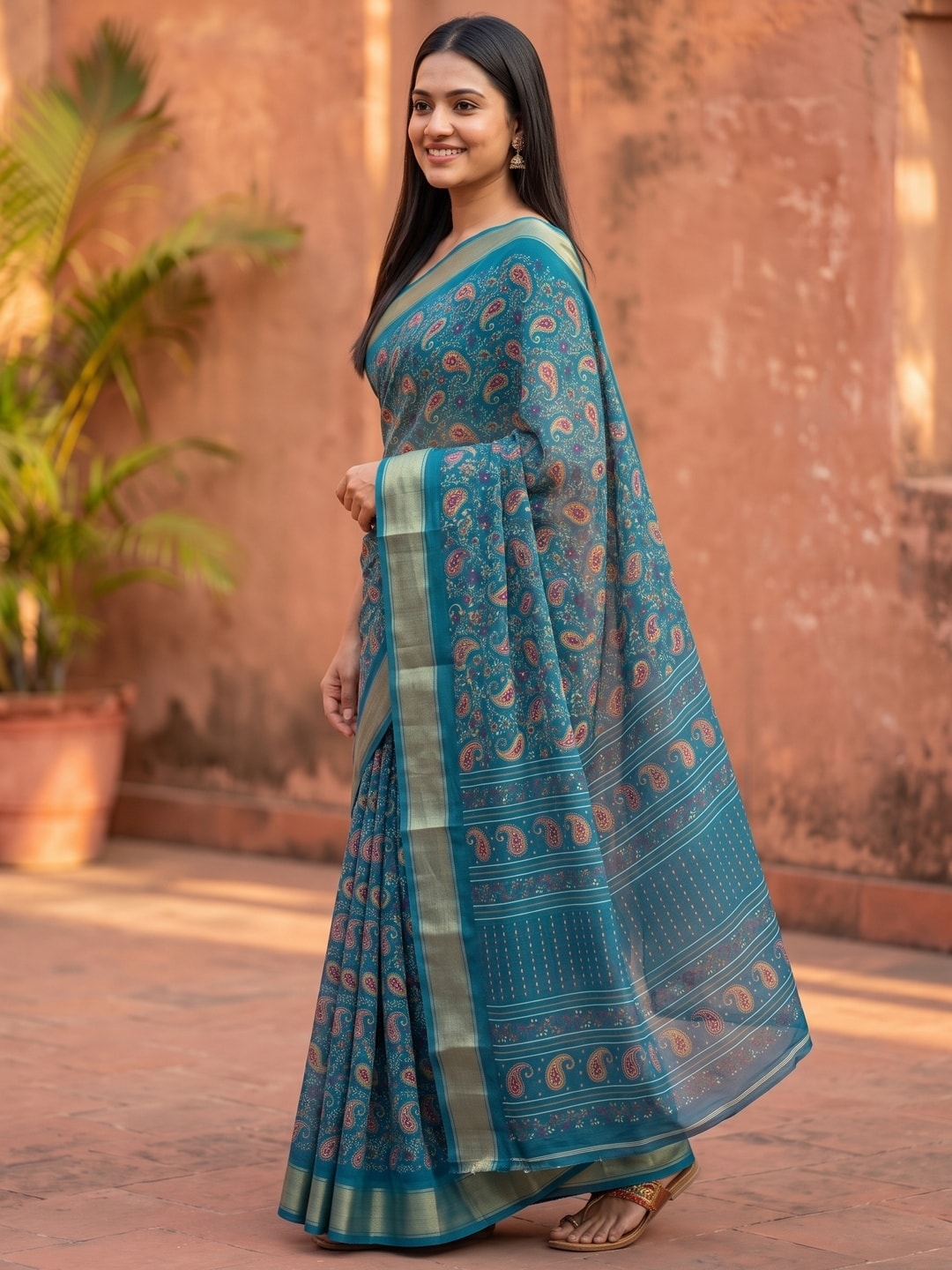 Peachmode Teal Paisley Moss Georgette Digital Printed Saree With Zari Border - Image 2