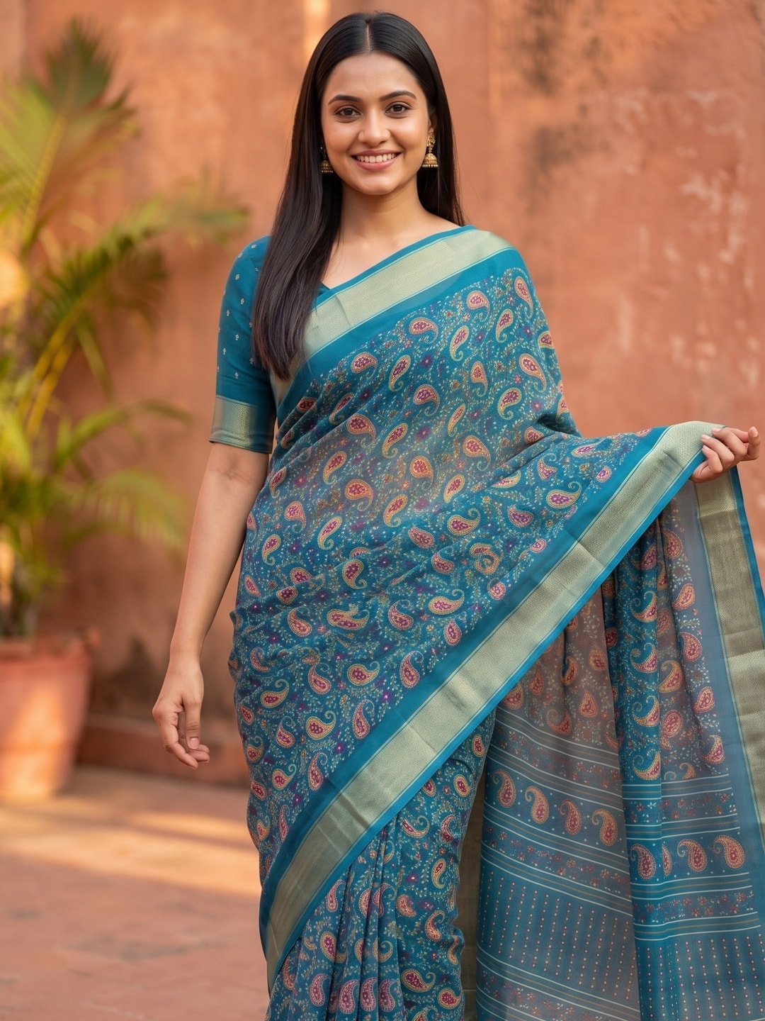 Peachmode Teal Paisley Moss Georgette Digital Printed Saree With Zari Border - Image 3