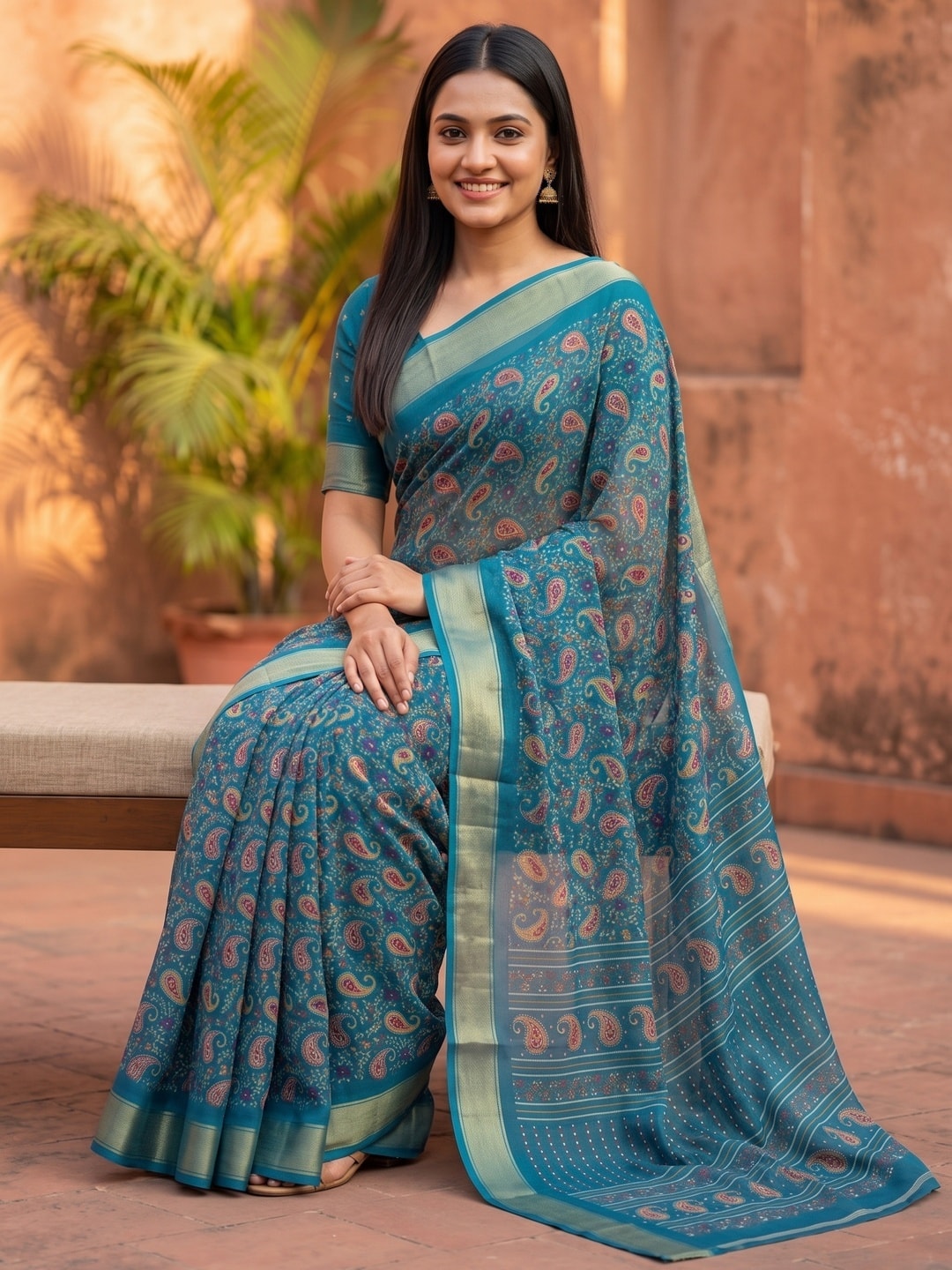 Peachmode Teal Paisley Moss Georgette Digital Printed Saree With Zari Border - Image 5