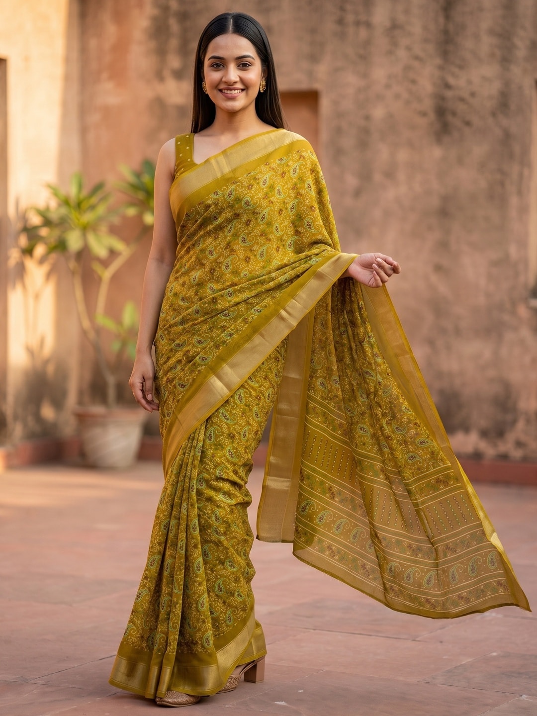 Peachmode Mustard Paisley Moss Georgette Digital Printed Saree With Zari Border - Image 1