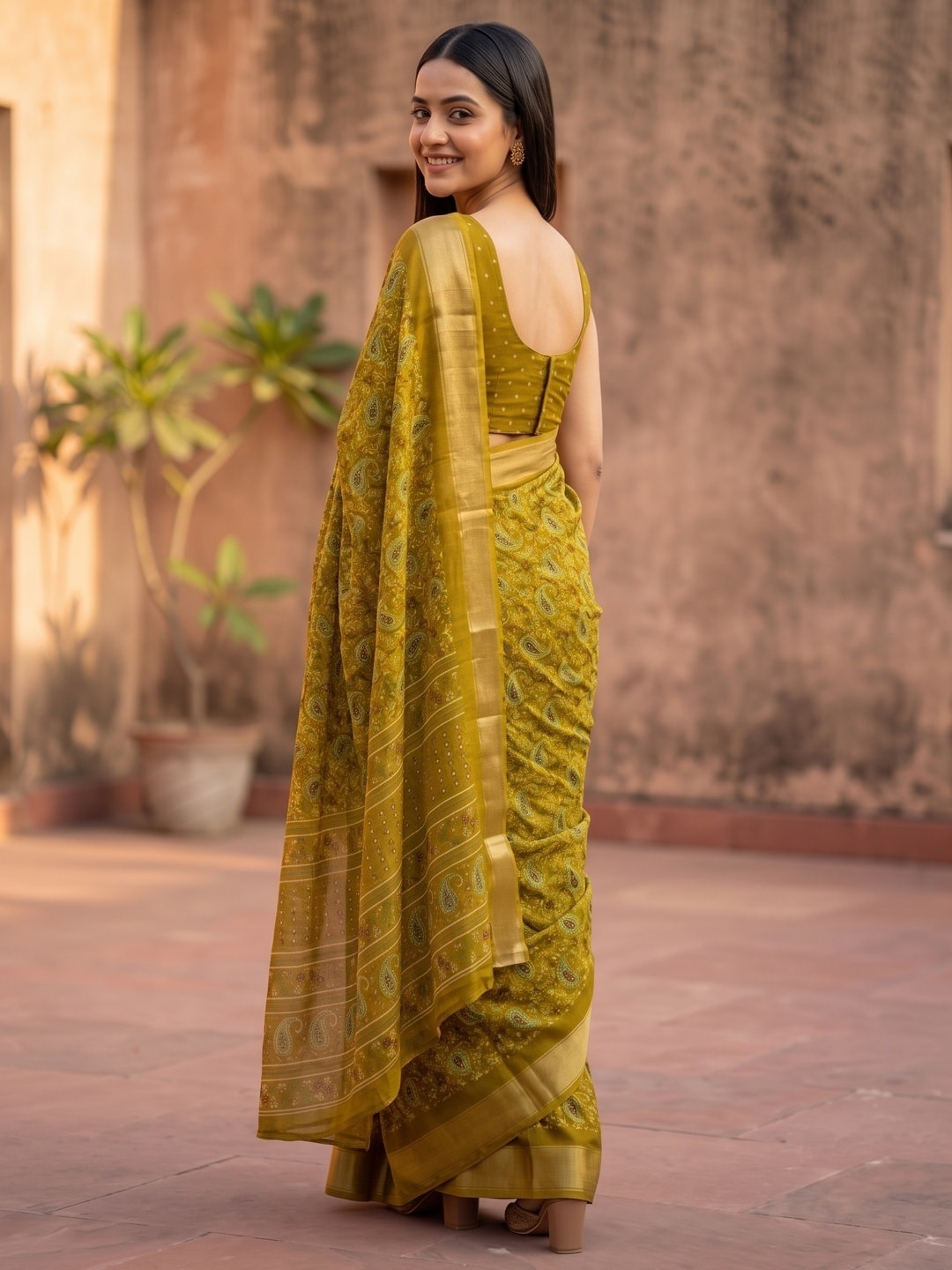Peachmode Mustard Paisley Moss Georgette Digital Printed Saree With Zari Border - Image 4