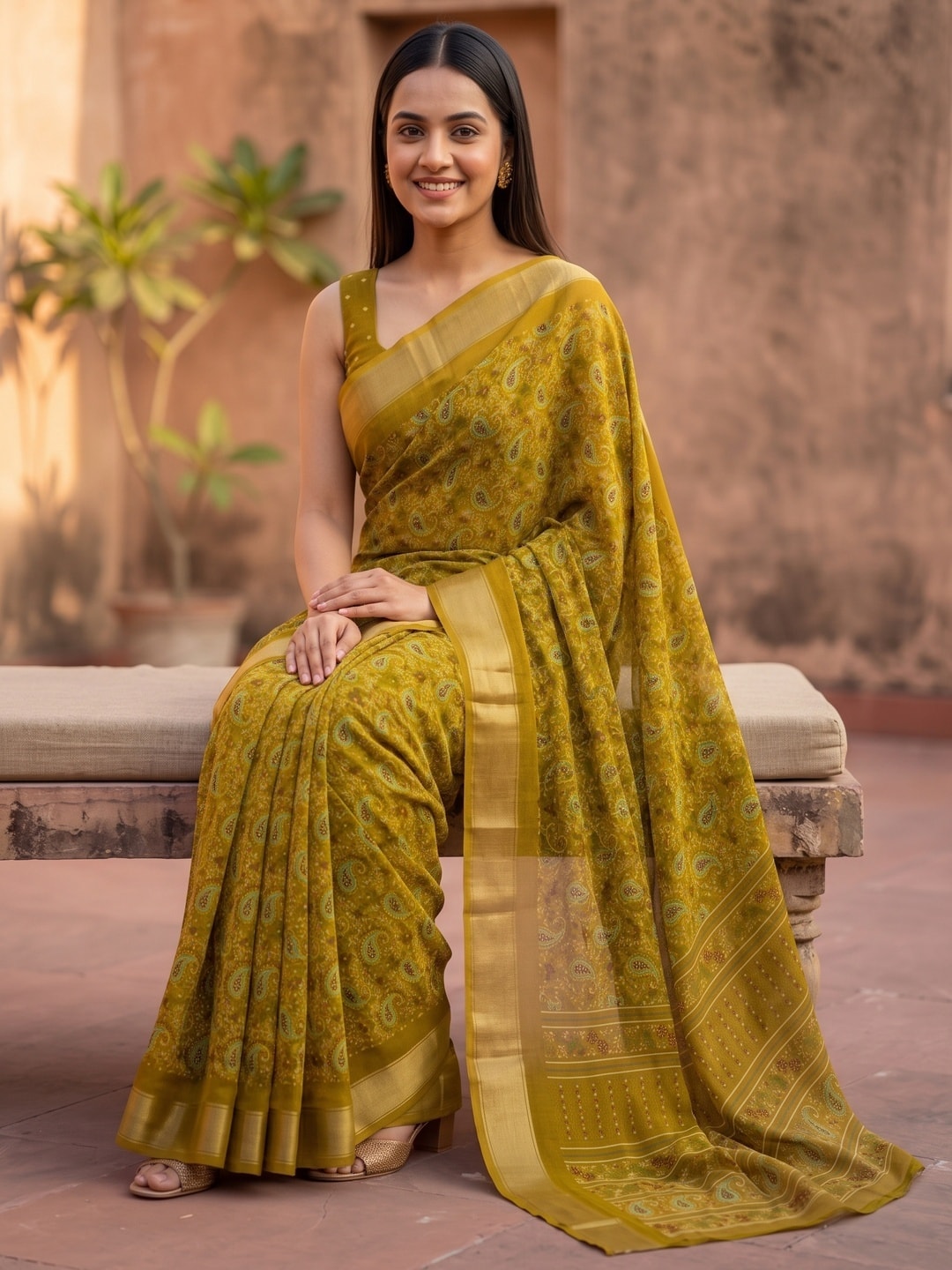 Peachmode Mustard Paisley Moss Georgette Digital Printed Saree With Zari Border - Image 5