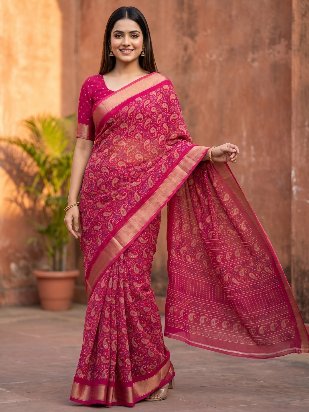 Peachmode Rani Pink Paisley Moss Georgette Digital Printed Saree With Zari Border - Image 1