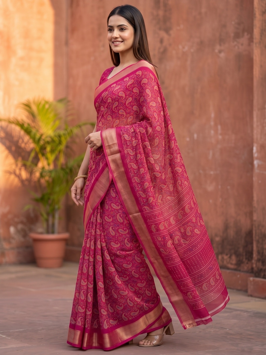 Peachmode Rani Pink Paisley Moss Georgette Digital Printed Saree With Zari Border - Image 2
