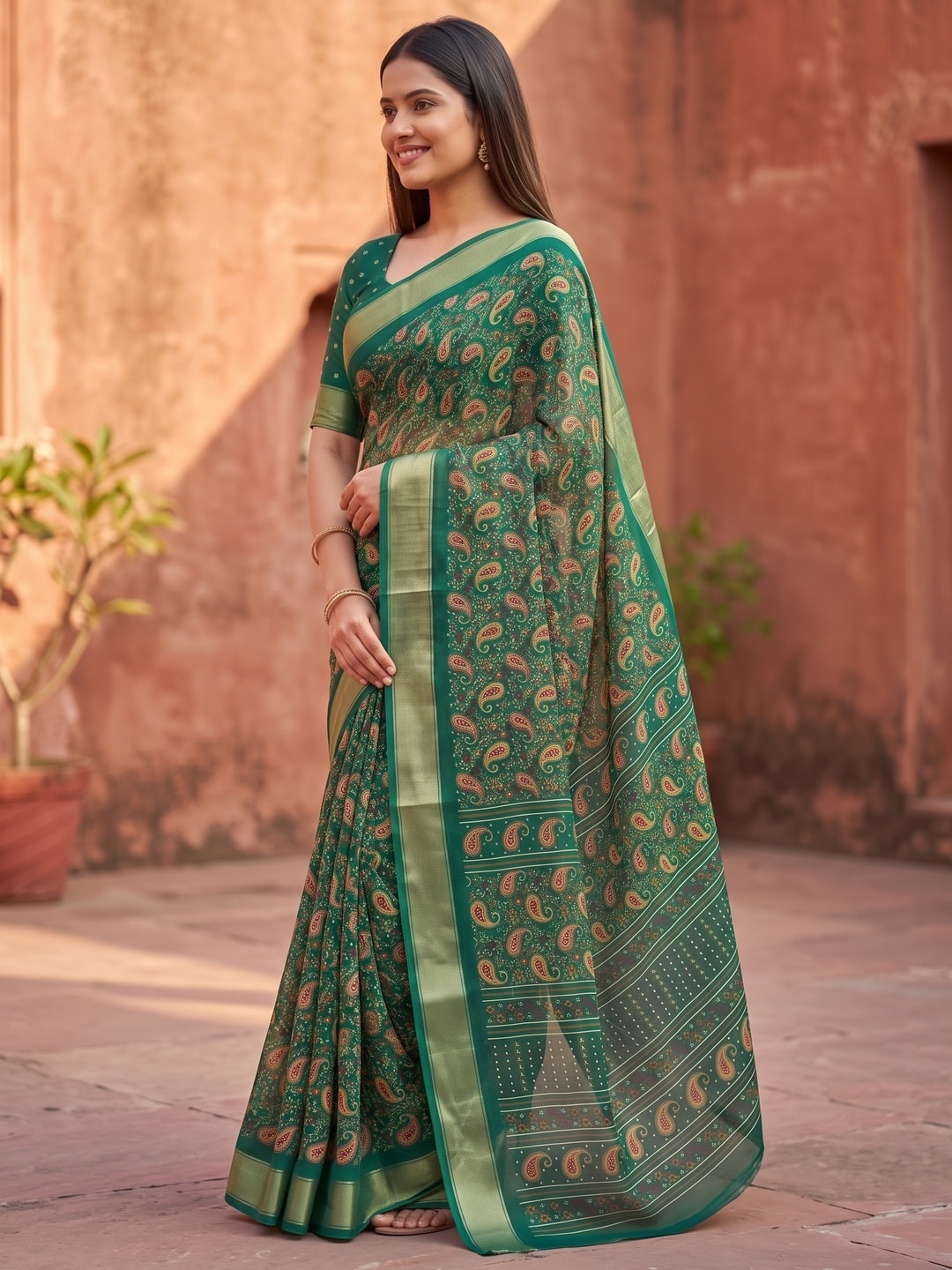 Peachmode Bottle Green Paisley Moss Georgette Digital Printed Saree With Zari Border - Image 2