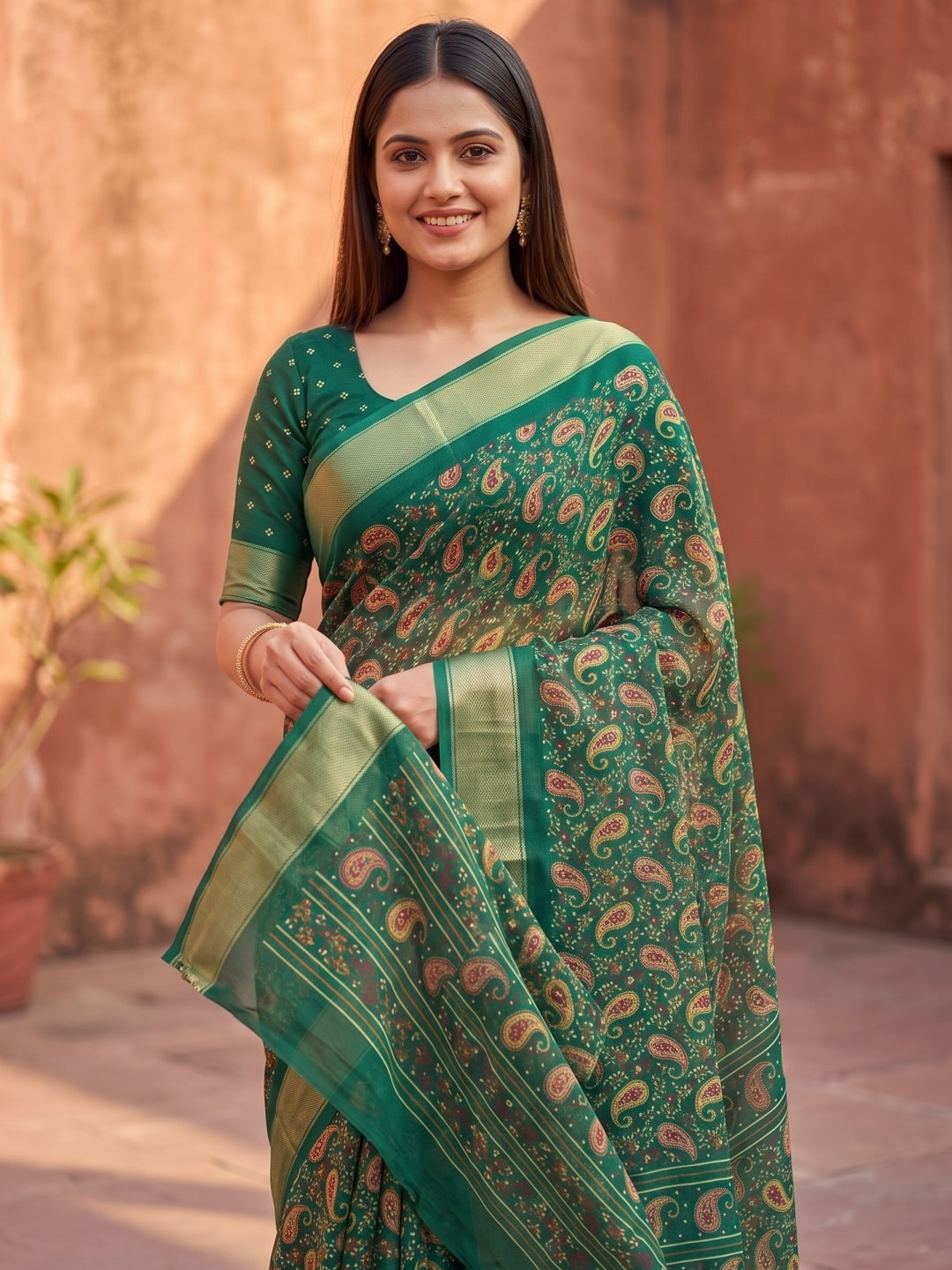Peachmode Bottle Green Paisley Moss Georgette Digital Printed Saree With Zari Border - Image 3