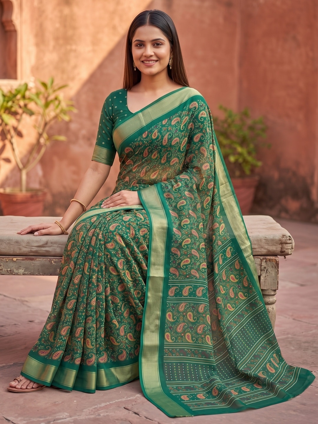 Peachmode Bottle Green Paisley Moss Georgette Digital Printed Saree With Zari Border - Image 5