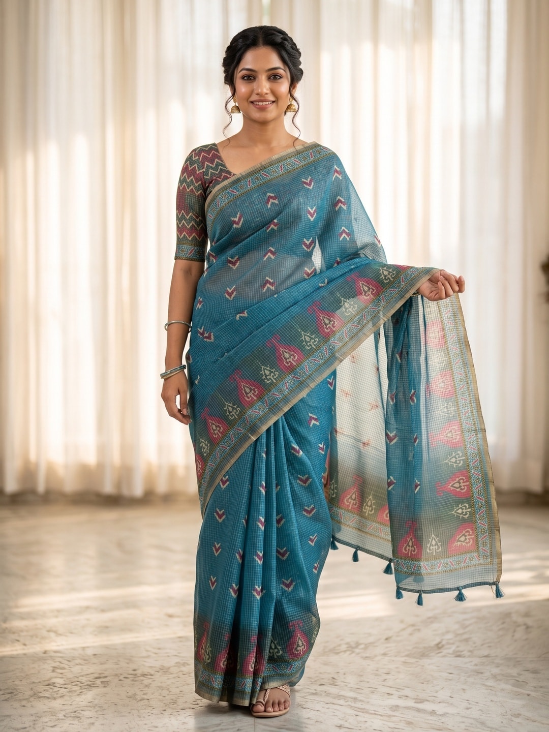 Peachmode Teal Kota Doria Digital Print Zari Check Cotton Saree With Chevron Motifs - Image 1