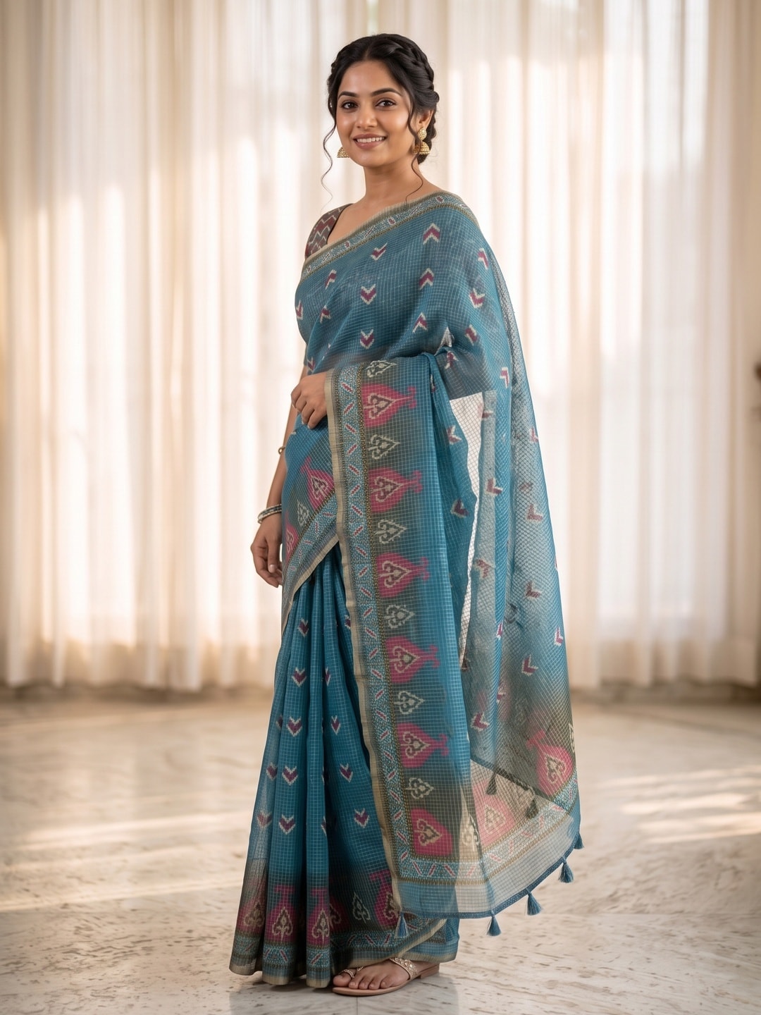 Peachmode Teal Kota Doria Digital Print Zari Check Cotton Saree With Chevron Motifs - Image 2