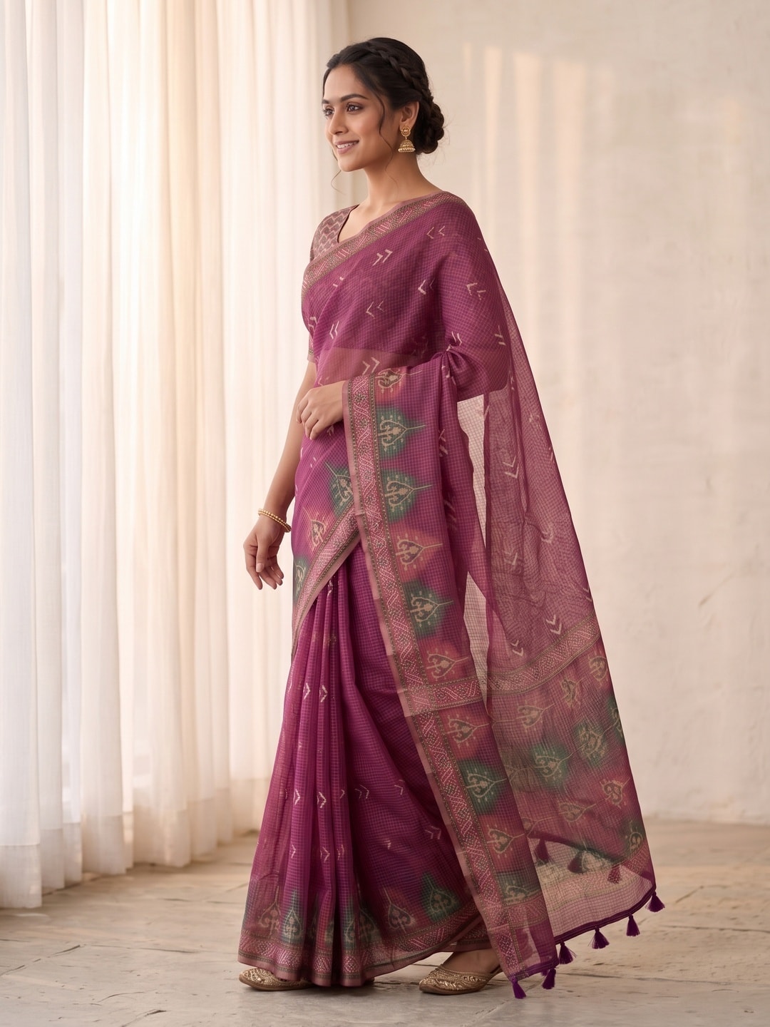 Peachmode Magenta Kota Doria Digital Print Zari Check Cotton Saree With Chevron Motifs - Image 2