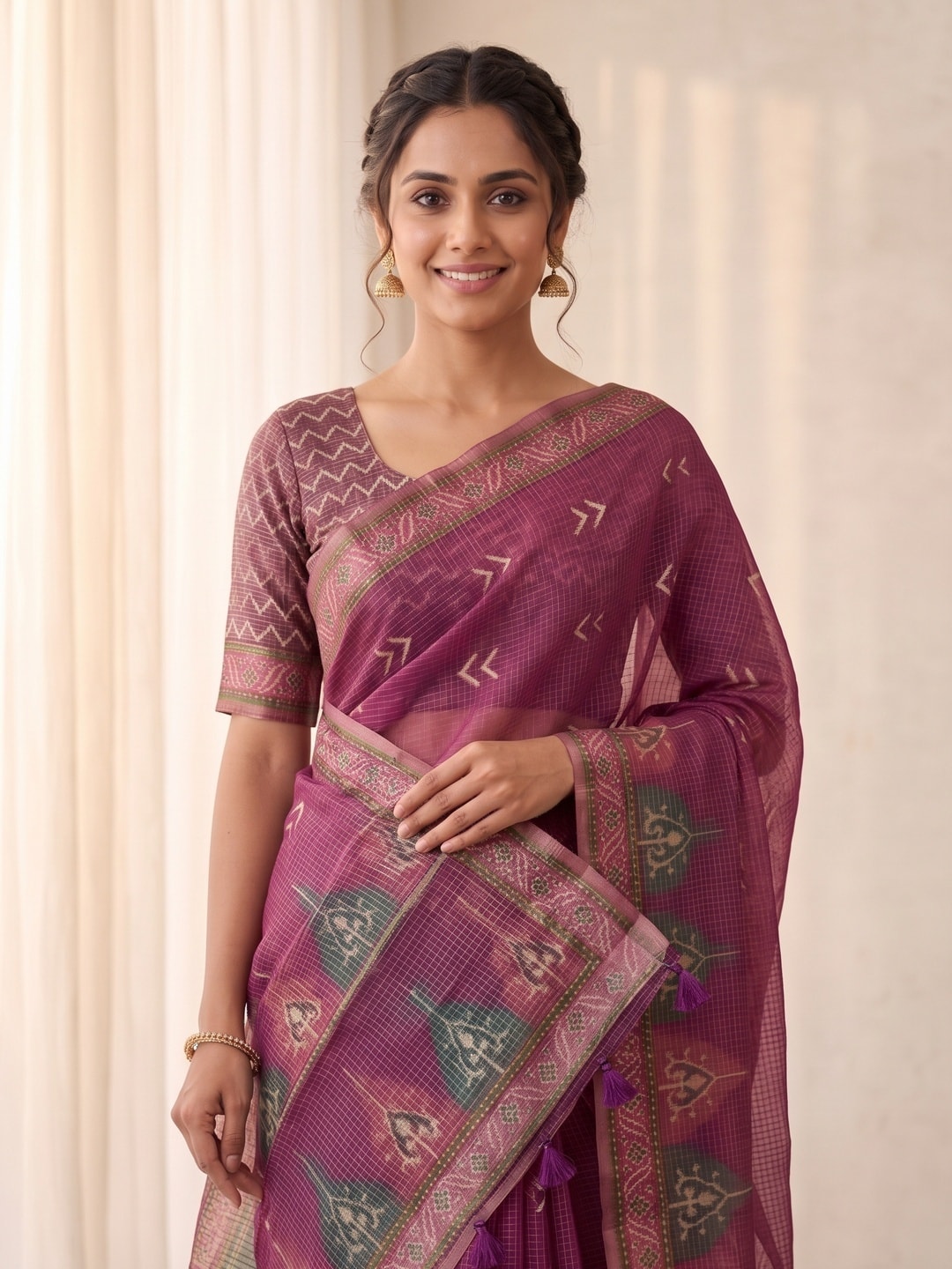 Peachmode Magenta Kota Doria Digital Print Zari Check Cotton Saree With Chevron Motifs - Image 3
