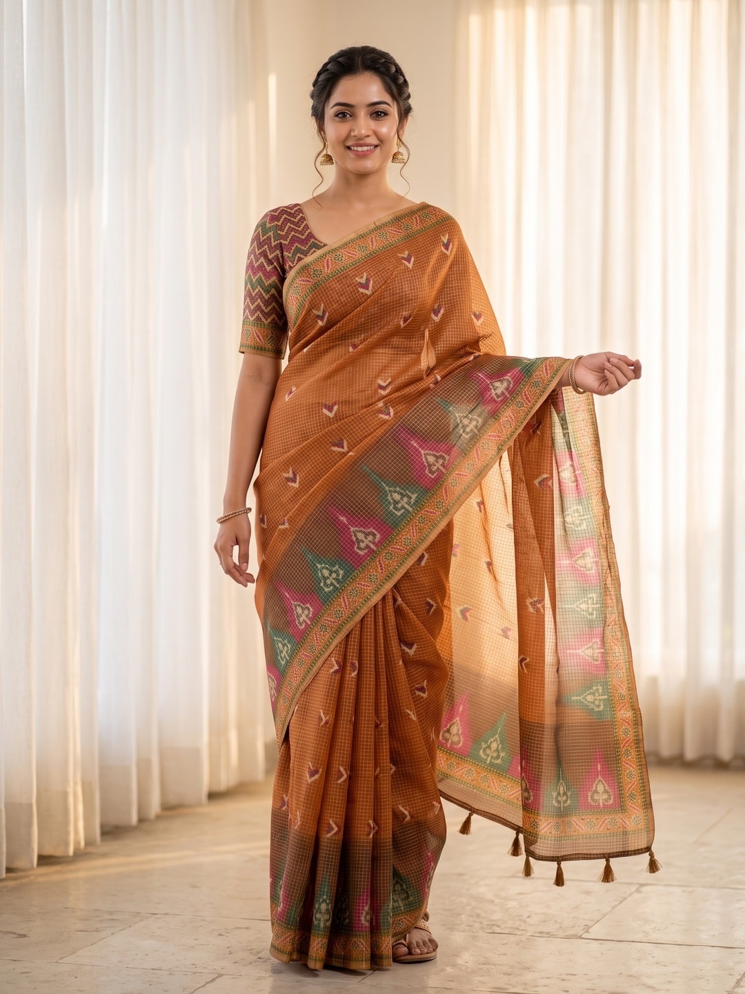 Peachmode Rust Kota Doria Digital Print Zari Check Cotton Saree With Chevron Motifs - Image 1