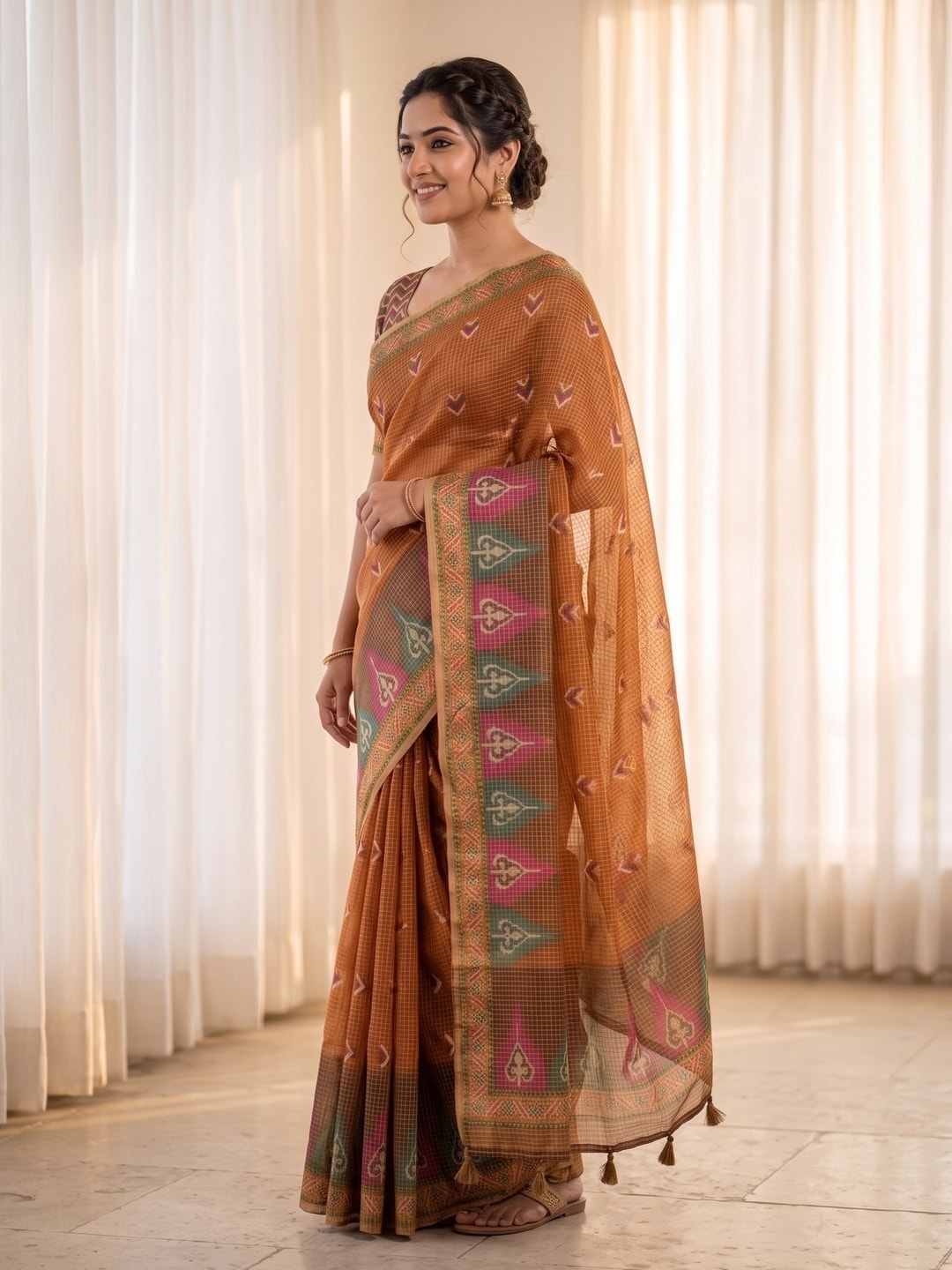 Peachmode Rust Kota Doria Digital Print Zari Check Cotton Saree With Chevron Motifs - Image 2