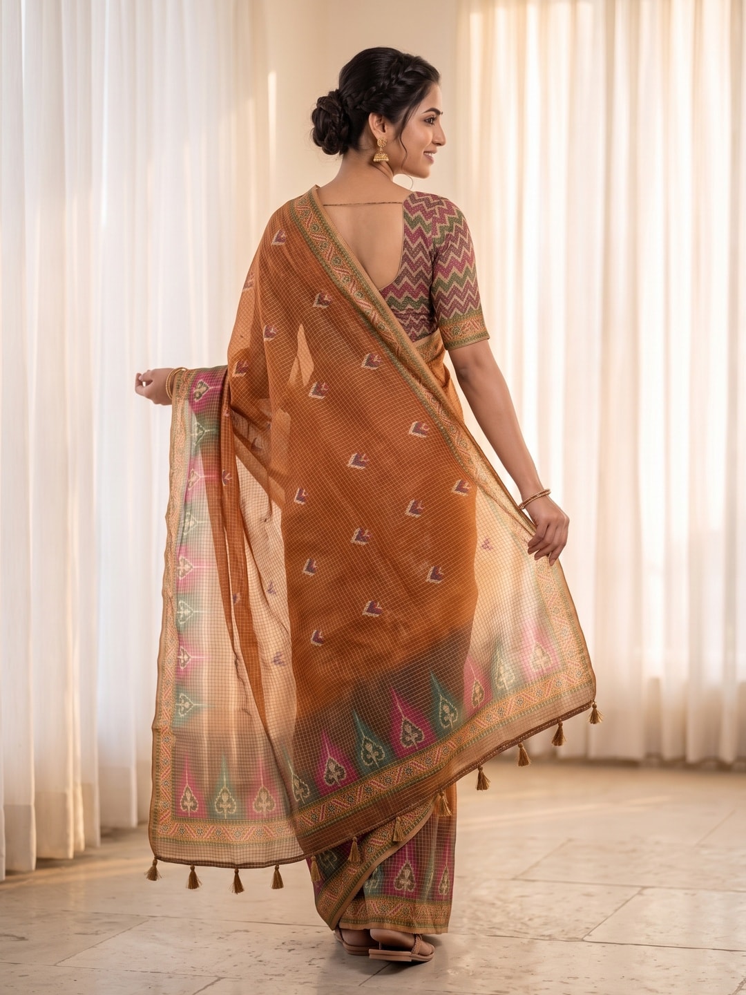 Peachmode Rust Kota Doria Digital Print Zari Check Cotton Saree With Chevron Motifs - Image 4