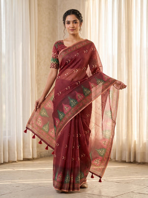 Peachmode Red Kota Doria Digital Print Zari Check Cotton Saree With Chevron Motifs - Image 1