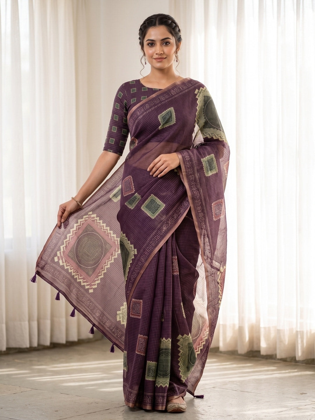 Peachmode Purple Kota Doria Digital Print Zari Check Cotton Saree With Square Motifs - Image 1