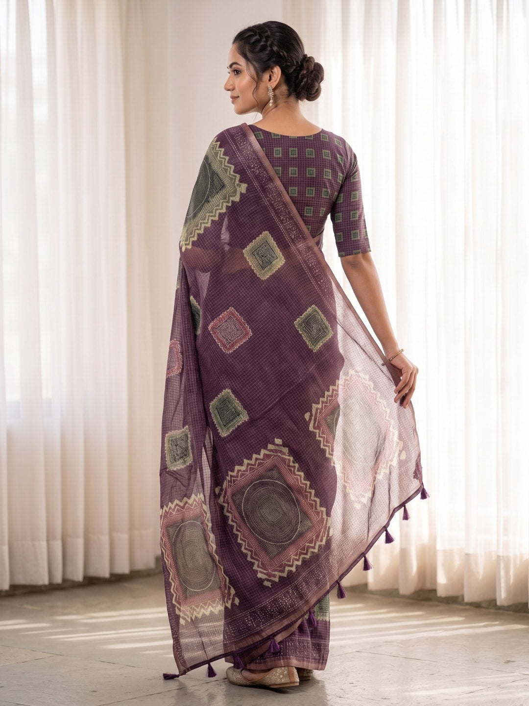 Peachmode Purple Kota Doria Digital Print Zari Check Cotton Saree With Square Motifs - Image 4