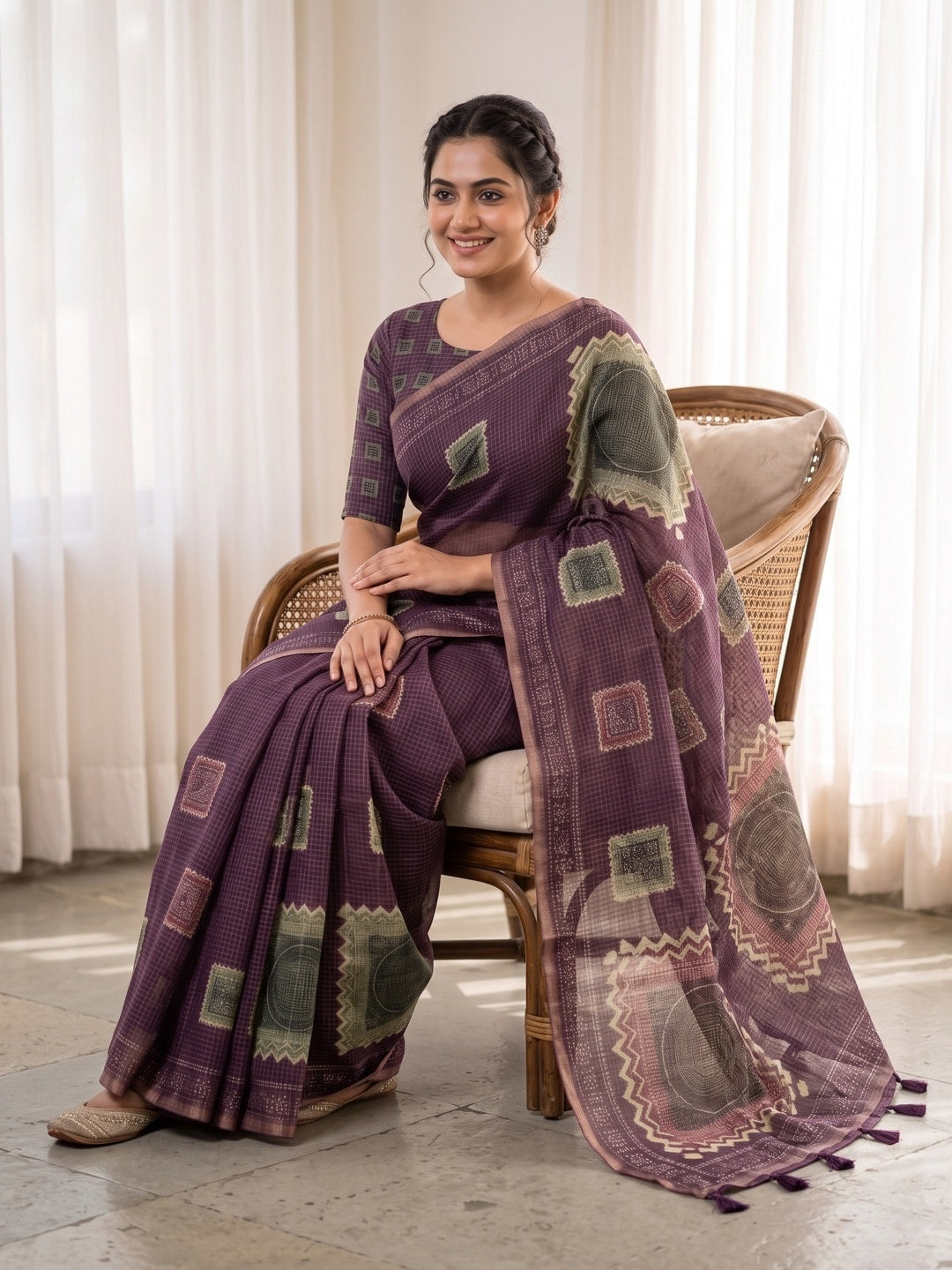 Peachmode Purple Kota Doria Digital Print Zari Check Cotton Saree With Square Motifs - Image 5