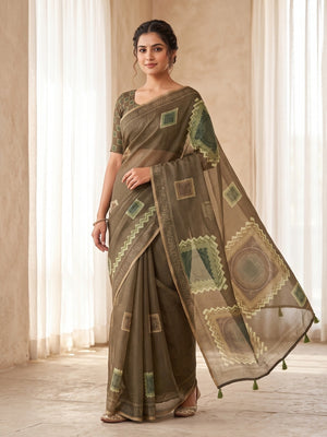 Peachmode Taupe Kota Doria Digital Print Zari Check Cotton Saree With Square Motifs - Image 1