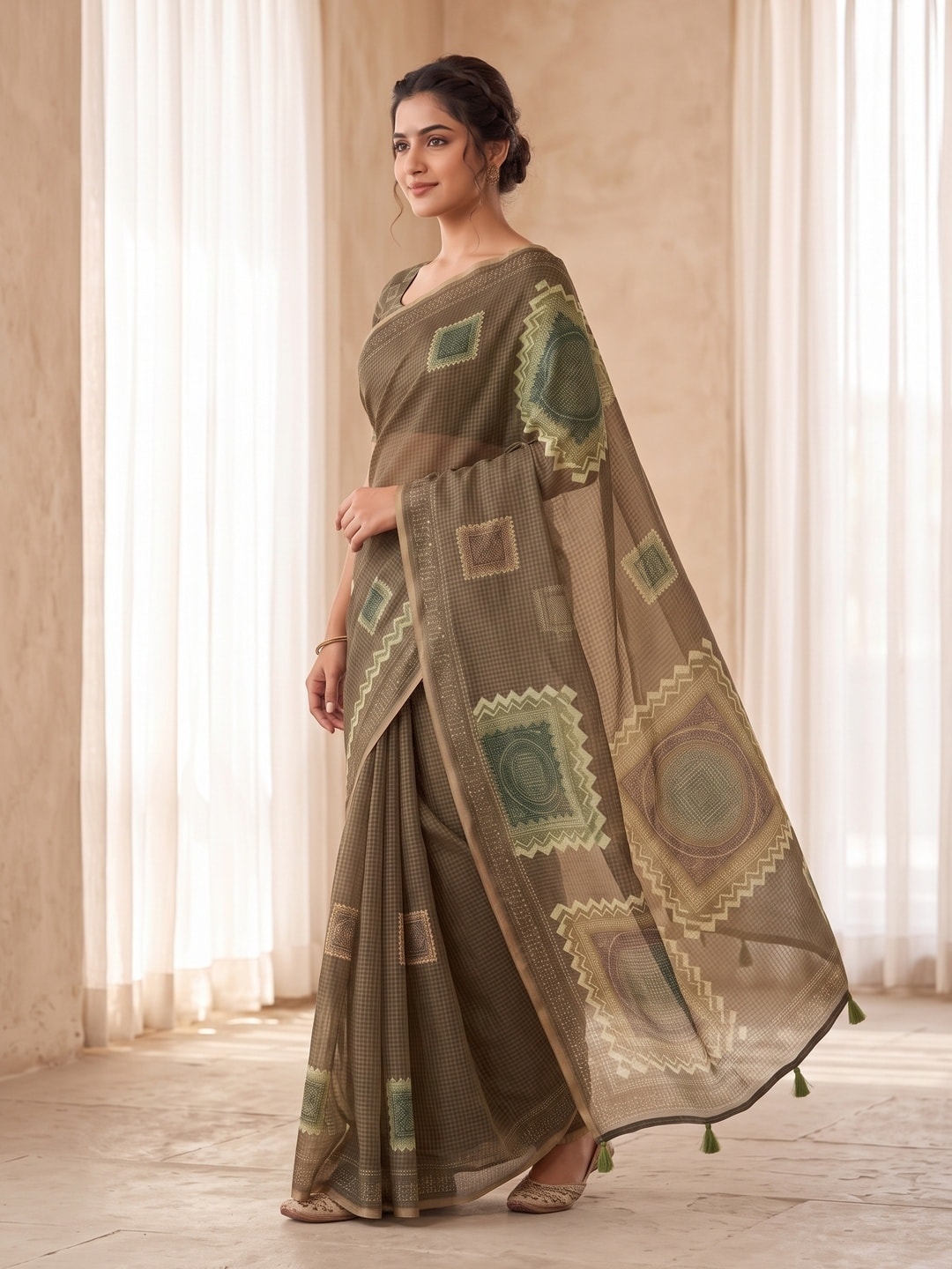 Peachmode Taupe Kota Doria Digital Print Zari Check Cotton Saree With Square Motifs - Image 2