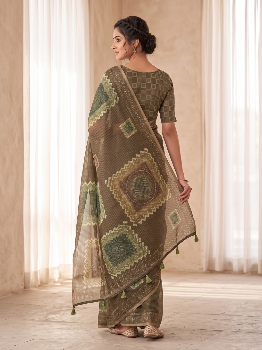 Peachmode Taupe Kota Doria Digital Print Zari Check Cotton Saree With Square Motifs - Image 4