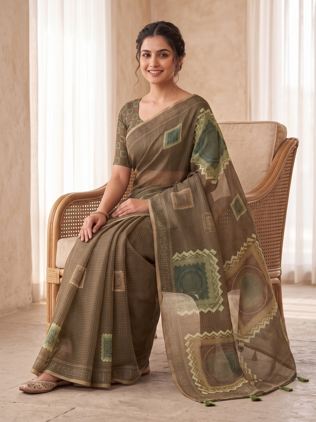 Peachmode Taupe Kota Doria Digital Print Zari Check Cotton Saree With Square Motifs - Image 5