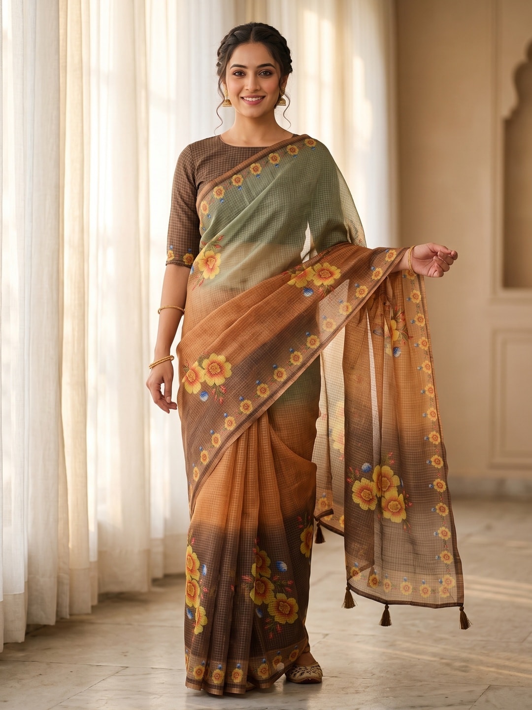 Peachmode Orange Kota Doria Digital Floral Print Zari Check Cotton Saree - Image 1