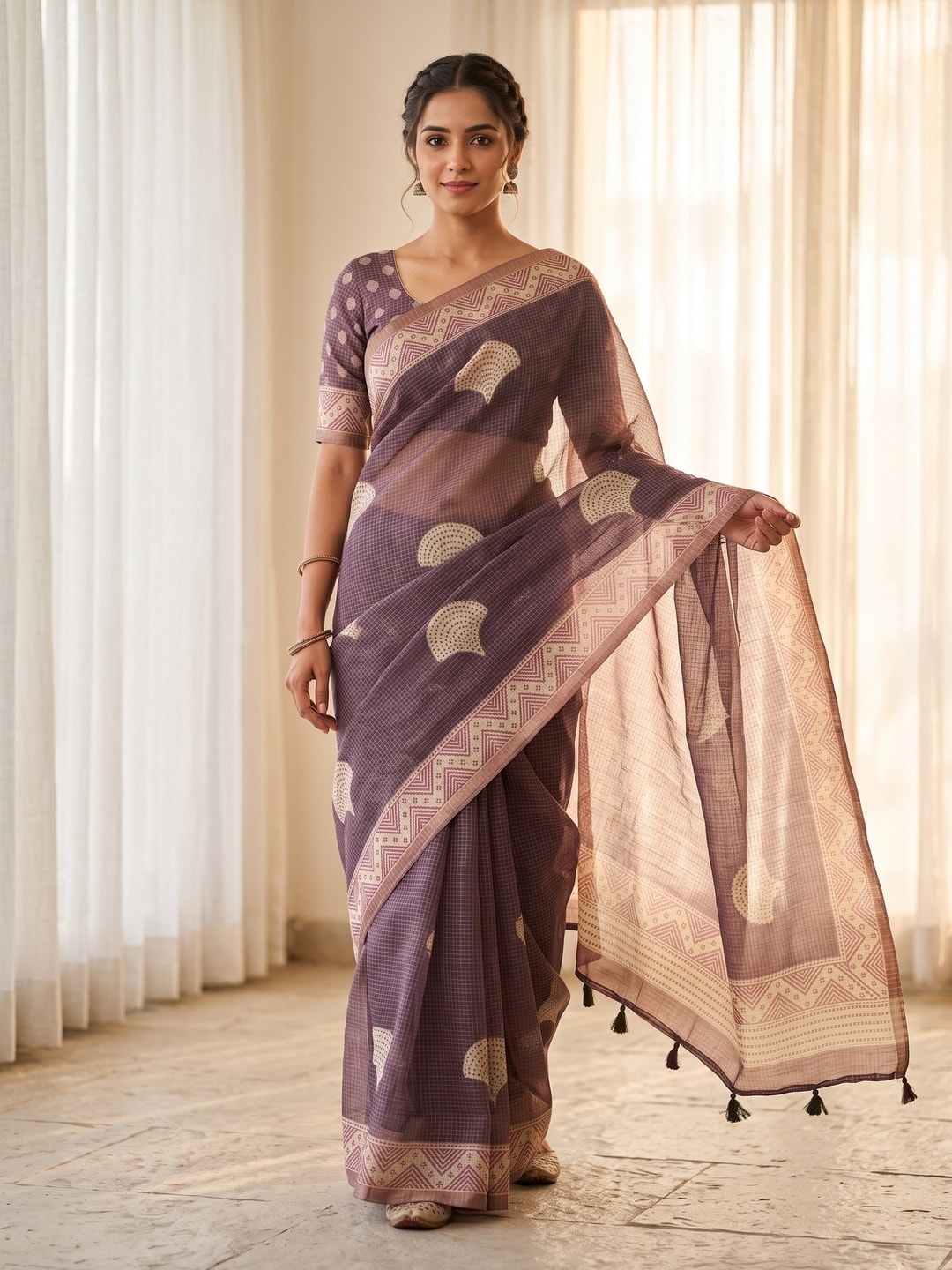 Peachmode Mauve Kota Doria Digital Print Zari Check Cotton Saree With Leaf Motifs - Image 1