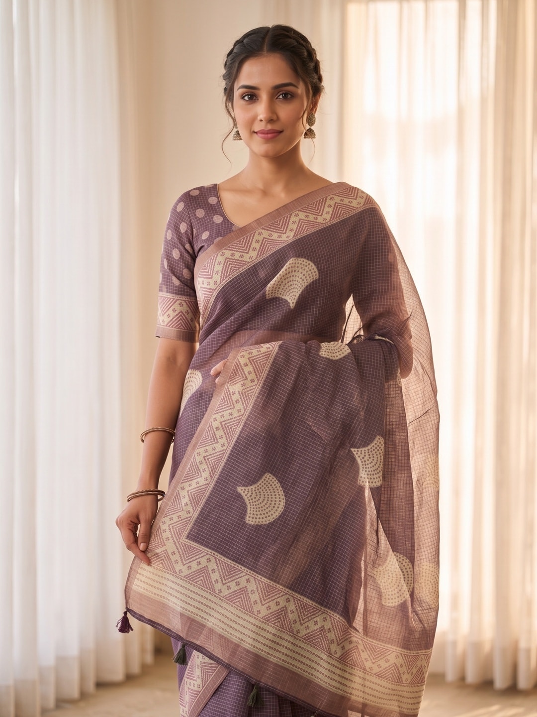 Peachmode Mauve Kota Doria Digital Print Zari Check Cotton Saree With Leaf Motifs - Image 3