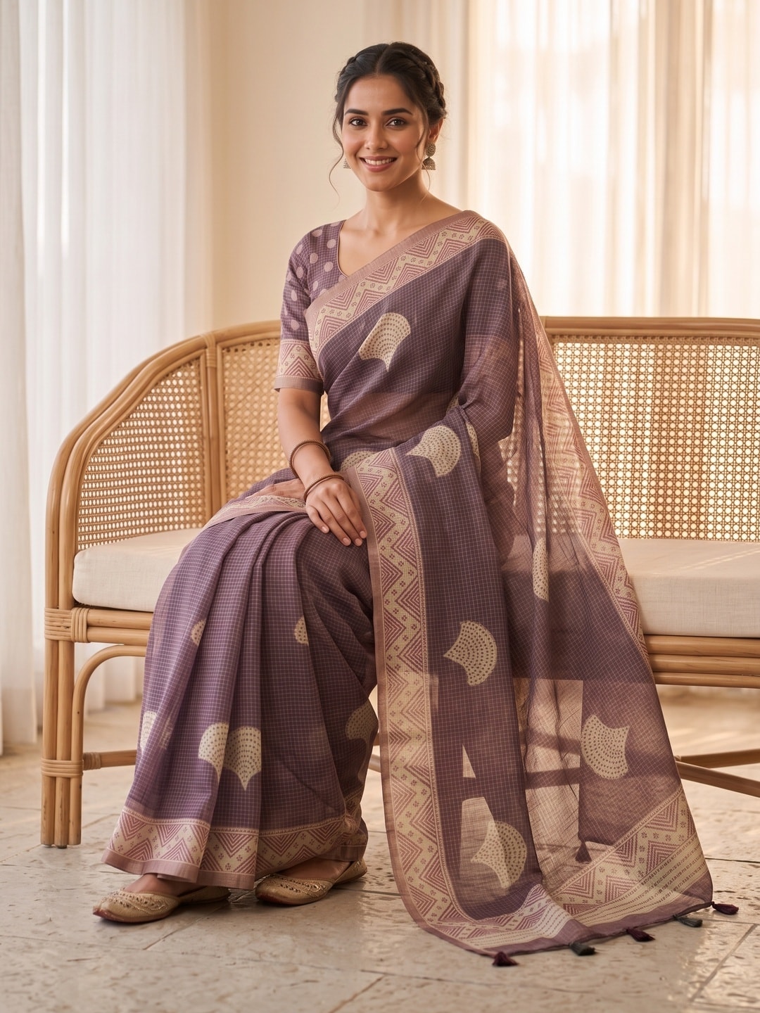 Peachmode Mauve Kota Doria Digital Print Zari Check Cotton Saree With Leaf Motifs - Image 5
