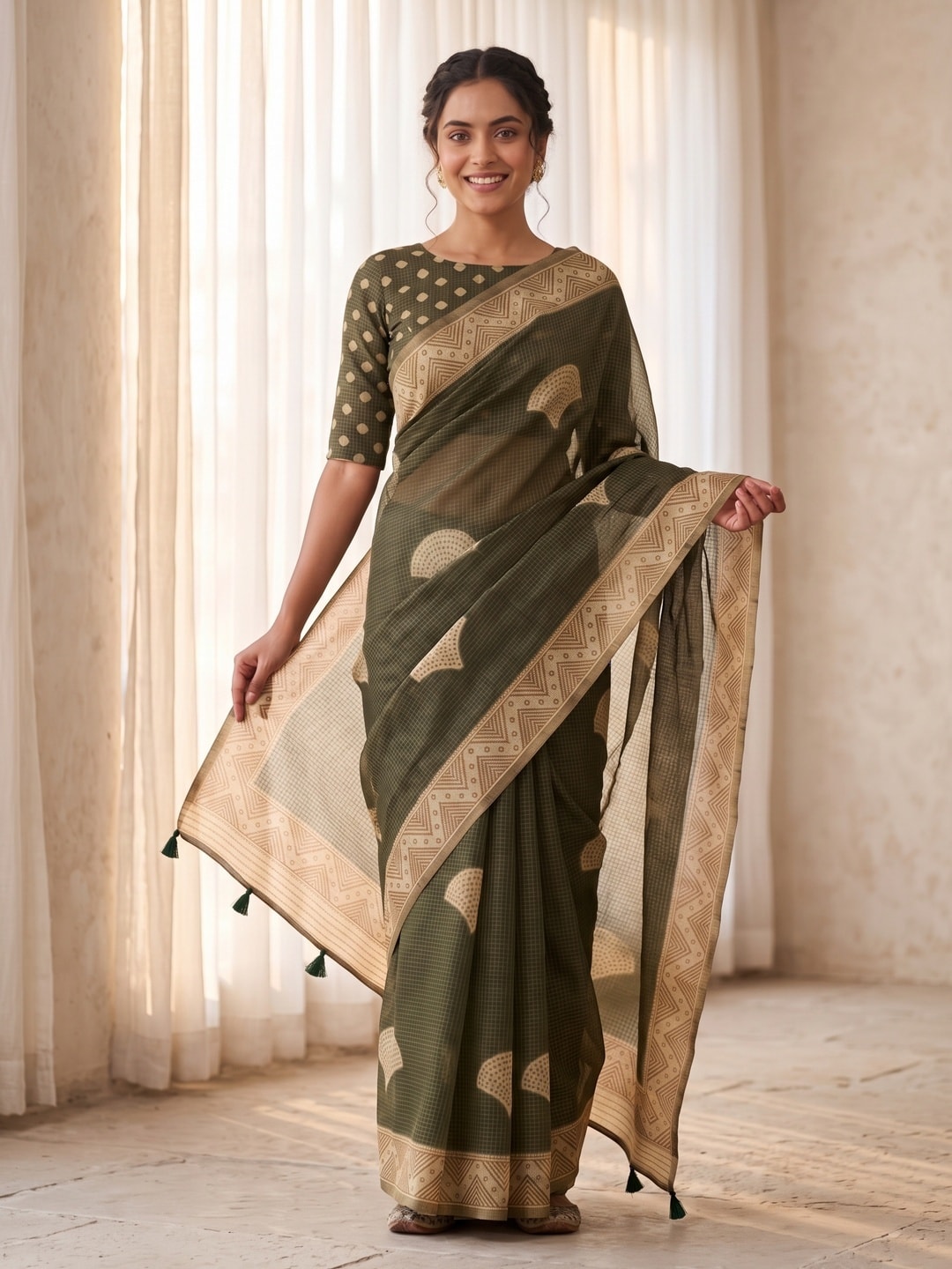 Peachmode Olive Kota Doria Digital Print Zari Check Cotton Saree With Leaf Motifs - Image 1