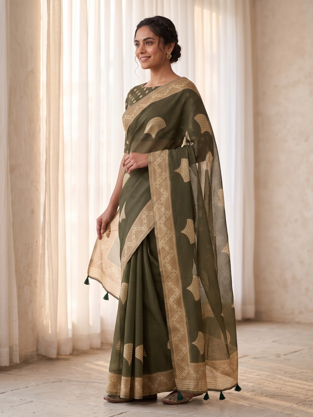 Peachmode Olive Kota Doria Digital Print Zari Check Cotton Saree With Leaf Motifs - Image 2